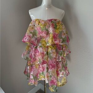 VICI Floral Tiered Strapless Dress in Pink and Yellow